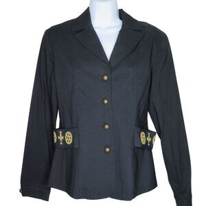 Womens Black Stretch Button-Up Blazer Jacket Gold Embroidered Accents Size 6 NEW